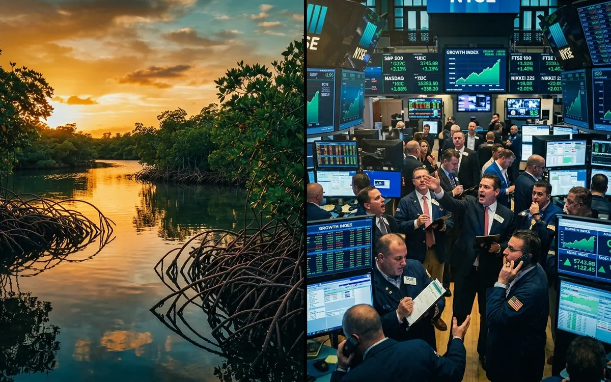 Mangrove at dawn and the floor of a stock exchange